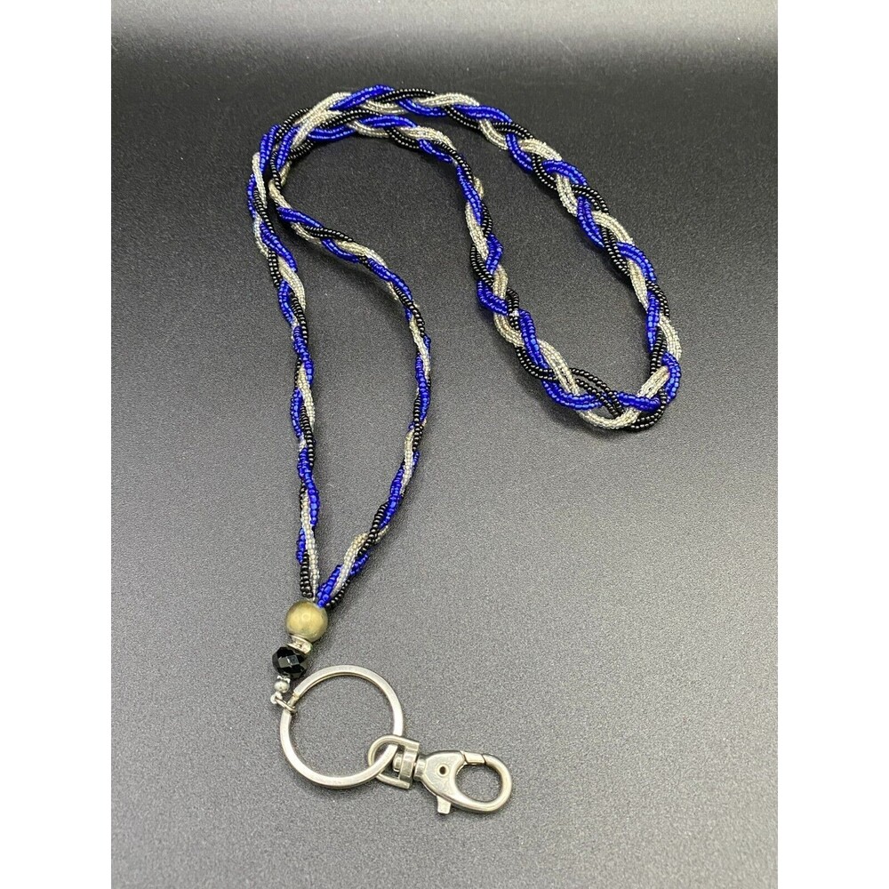 Blue Black and Clear Braided Glass Bead Lanyard